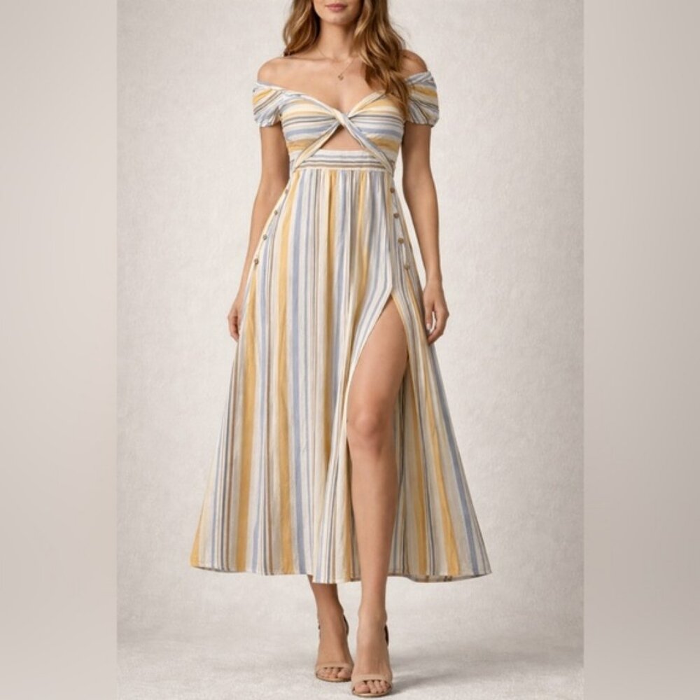 CHICWAYS Striped Off-Shoulder Maxi Dress Ruffle Sleeve Long S